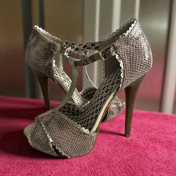 JESSICA SIMPSON Snake Print Leather Heels Sandals Size 5 - Picture 1 of 8